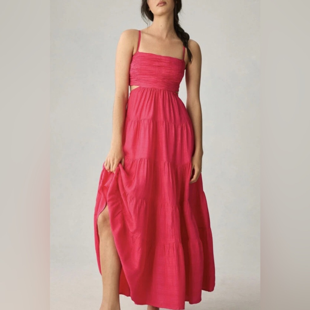 Anthropologie $190 Let Me Be Cut Out Tiered Hot Pink Maxi Dress Gown Barbiecore